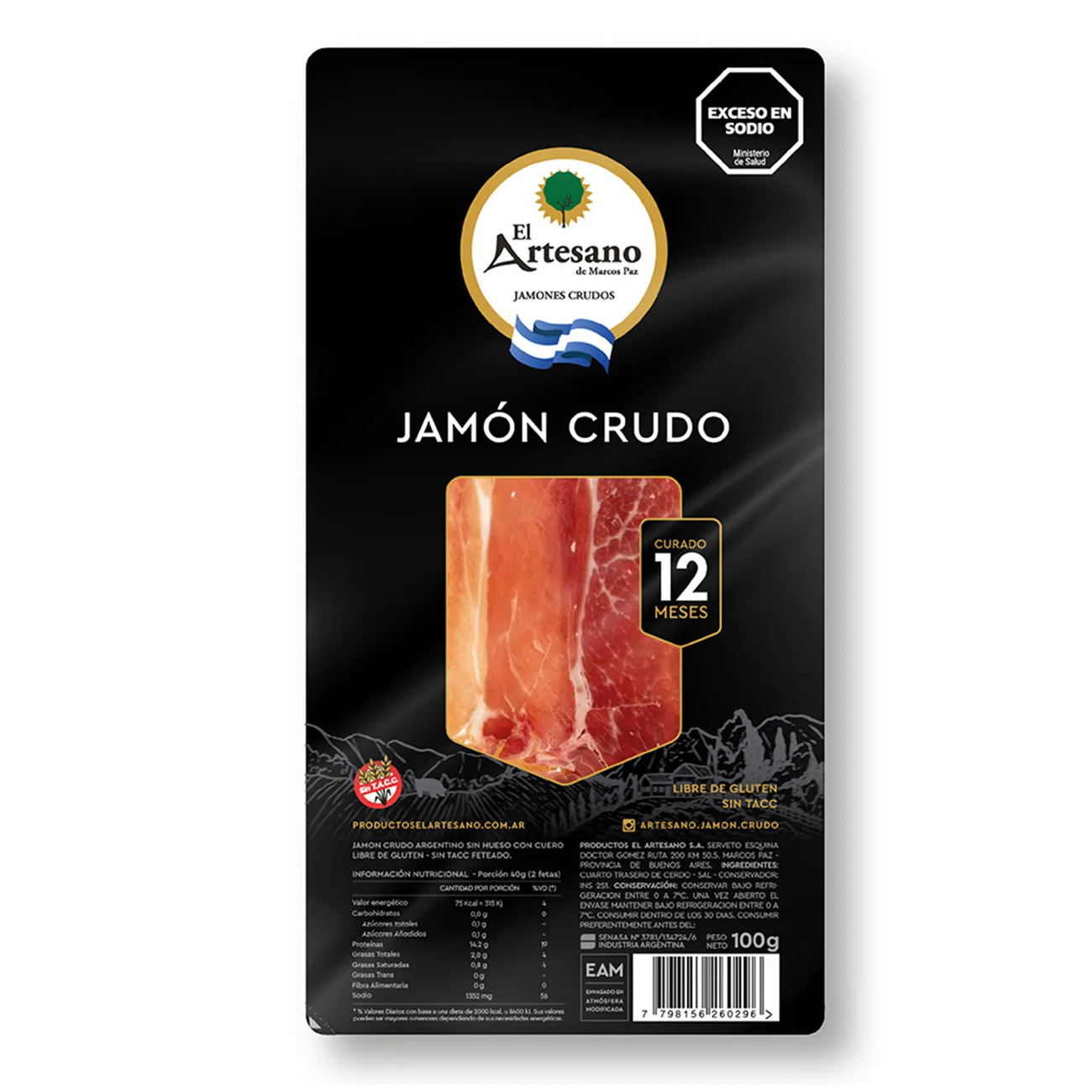 Jamon Crudo Curado 12 Meses Feteado 100gr El Artesano